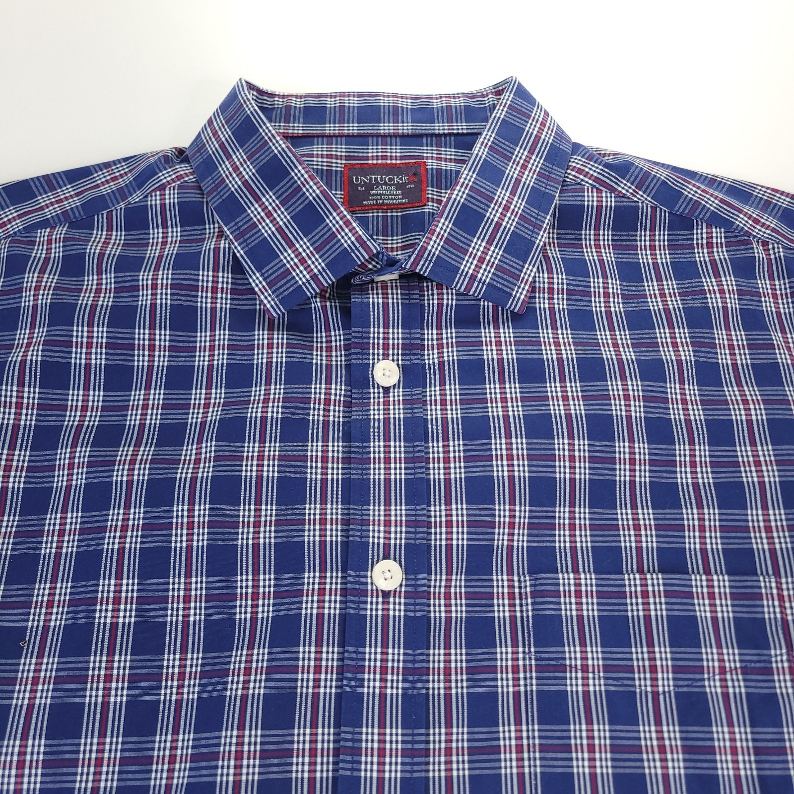 Untuckit Shirt Mens Large Blue Red White Plaid Performance Button Up Long Sleeve